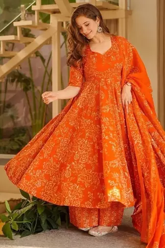 Orange muslin digital print anarkali suit set with dupatta