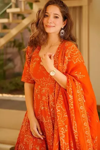 Orange muslin digital print anarkali suit set with dupatta