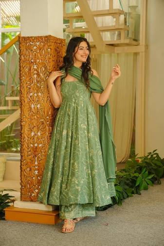 Green muslin digital print anarkali suit set with dupatta