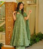 Green muslin digital print anarkali suit set with dupatta