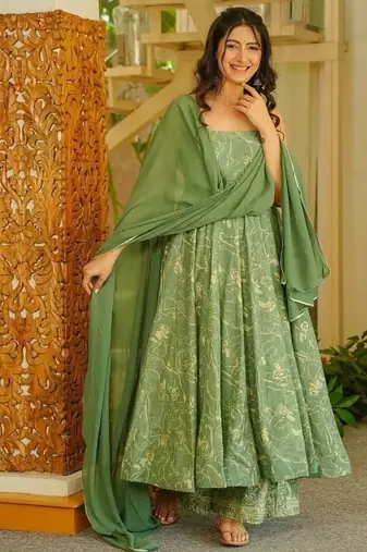 Green muslin digital print anarkali suit set with dupatta