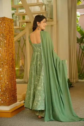 Green muslin digital print anarkali suit set with dupatta