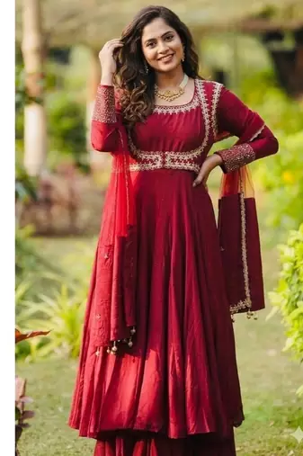 Dark red embroidery cotton  anarkali suit