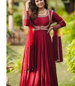Dark red embroidery cotton  anarkali suit