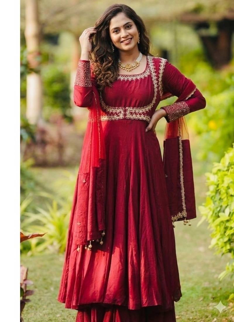 Dark red embroidery cotton  anarkali suit