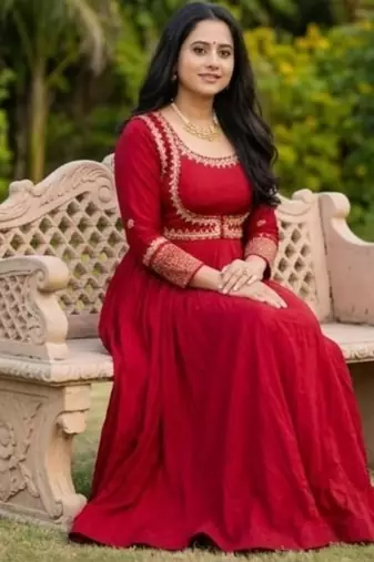 Dark red embroidery cotton  anarkali suit