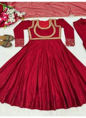Dark red embroidery cotton  anarkali suit 4