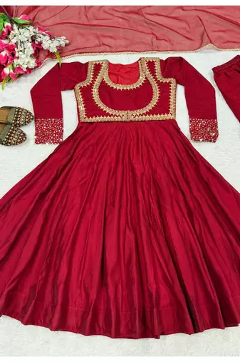 Dark red embroidery cotton  anarkali suit