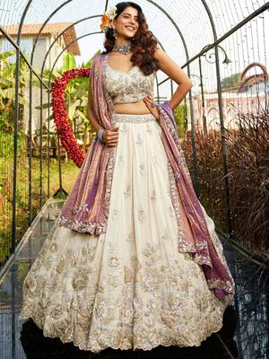 Ivory Tissue Silk Embroidered Lehenga Choli with Lavender Organza Dupatta 1