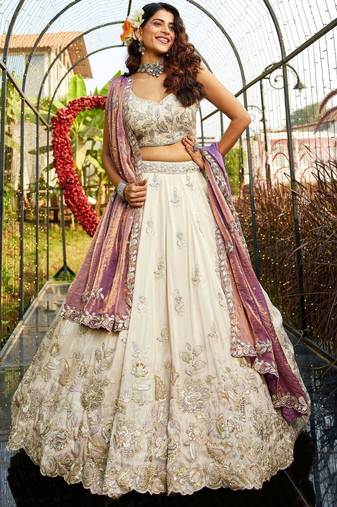 Ivory Tissue Silk Embroidered Lehenga Choli with Lavender Organza Dupatta