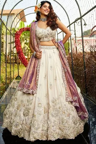 Ivory Tissue Silk Embroidered Lehenga Choli with Lavender Organza Dupatta