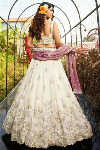 Ivory Tissue Silk Embroidered Lehenga Choli with Lavender Organza Dupatta