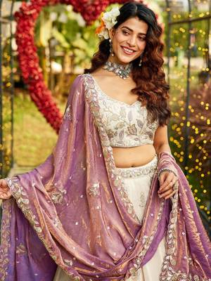 Ivory Tissue Silk Embroidered Lehenga Choli with Lavender Organza Dupatta 3