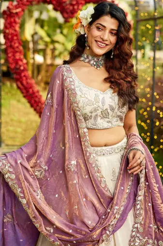 Ivory Tissue Silk Embroidered Lehenga Choli with Lavender Organza Dupatta