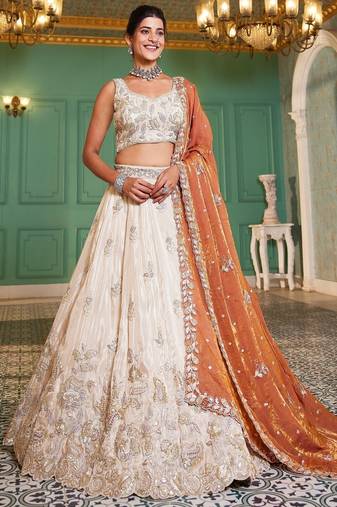 Ivory Tissue Silk Embroidered Lehenga Choli with Lavender Organza Dupatta