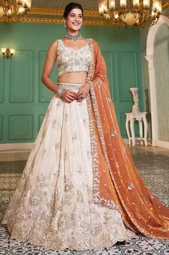Ivory Tissue Silk Embroidered Lehenga Choli with Lavender Organza Dupatta