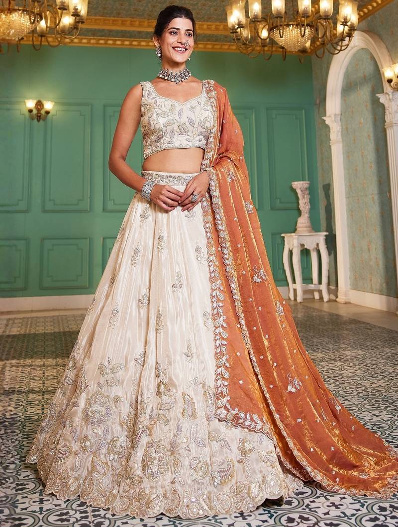 Ivory Tissue Silk Embroidered Lehenga Choli with Lavender Organza Dupatta