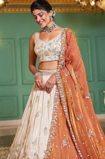 Ivory Tissue Silk Embroidered Lehenga Choli with Lavender Organza Dupatta