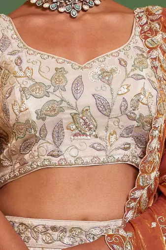 Ivory Tissue Silk Embroidered Lehenga Choli with Lavender Organza Dupatta