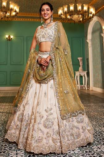 Ivory Tissue Silk Embroidered Lehenga Choli with Lavender Organza Dupatta