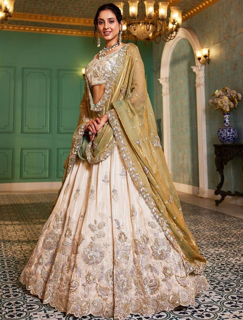 Ivory Tissue Silk Embroidered Lehenga Choli with Lavender Organza Dupatta