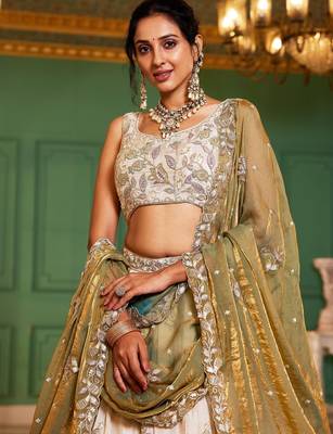 Ivory Tissue Silk Embroidered Lehenga Choli with Lavender Organza Dupatta 3