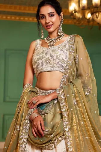 Ivory Tissue Silk Embroidered Lehenga Choli with Lavender Organza Dupatta