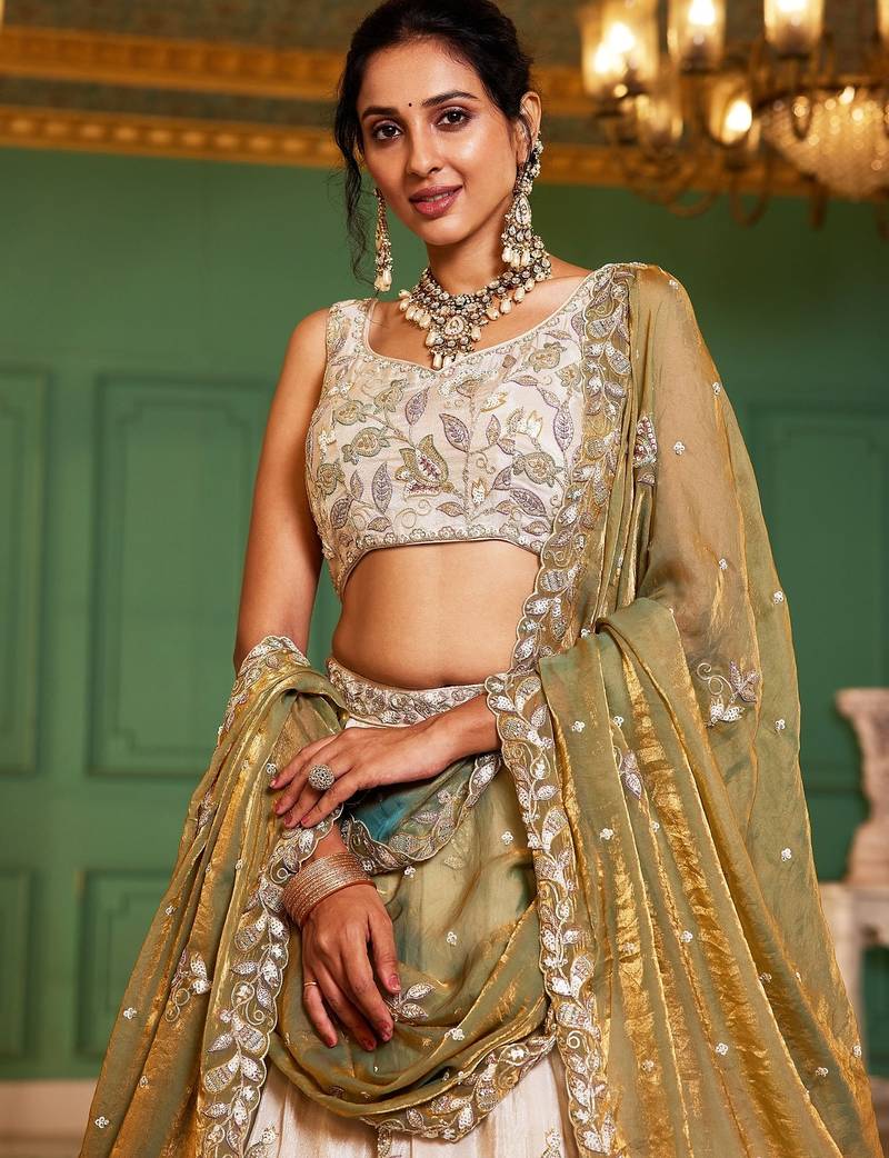 Ivory Tissue Silk Embroidered Lehenga Choli with Lavender Organza Dupatta