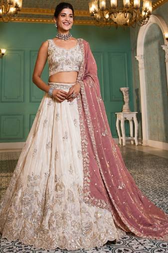Ivory Tissue Silk Embroidered Lehenga Choli with Lavender Organza Dupatta