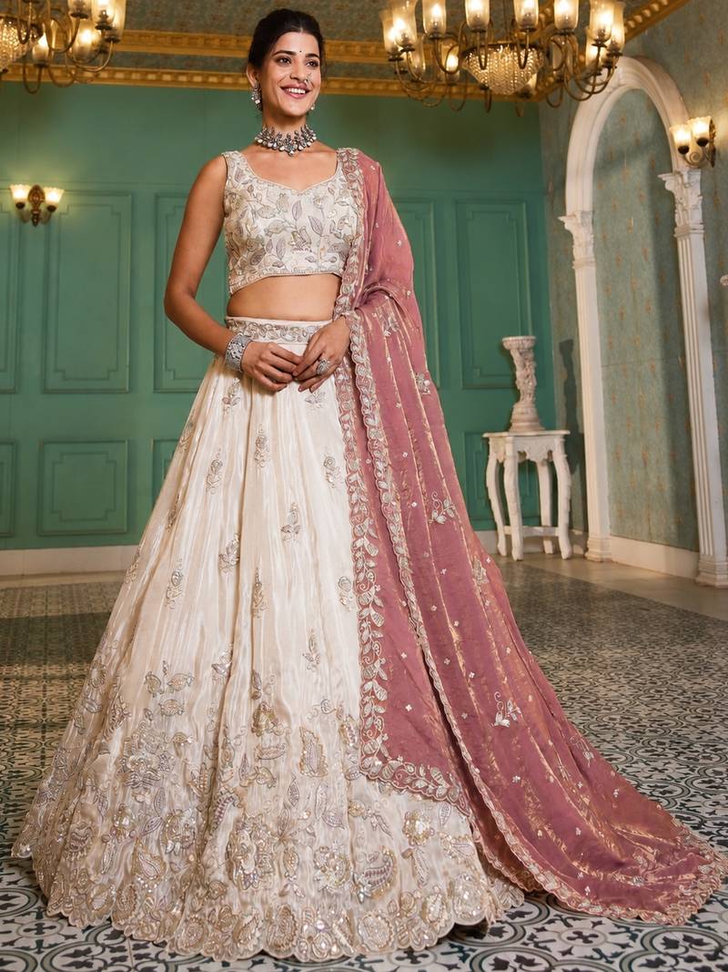 Ivory Tissue Silk Embroidered Lehenga Choli with Lavender Organza Dupatta