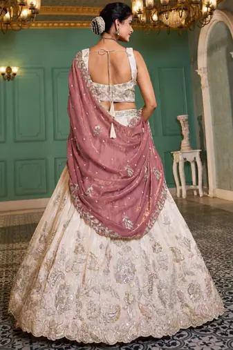 Ivory Tissue Silk Embroidered Lehenga Choli with Lavender Organza Dupatta