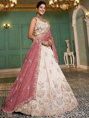 Ivory Tissue Silk Embroidered Lehenga Choli with Lavender Organza Dupatta 3