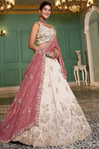 Ivory Tissue Silk Embroidered Lehenga Choli with Lavender Organza Dupatta