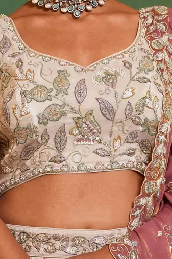 Ivory Tissue Silk Embroidered Lehenga Choli with Lavender Organza Dupatta