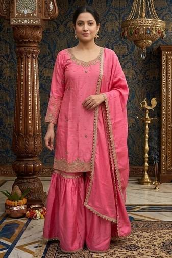 Rose pink embroidery chinnon silk blend  sharara suit set