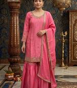 Rose pink embroidery chinnon silk blend  sharara suit set