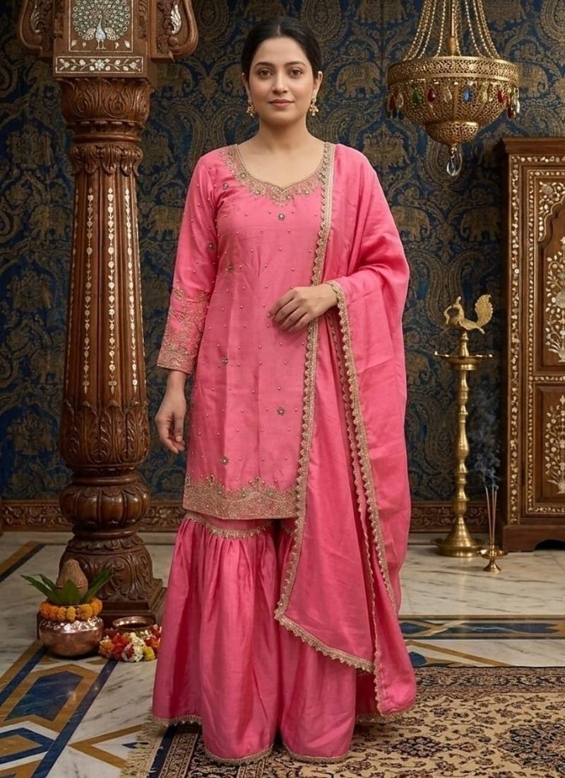 Rose pink embroidery chinnon silk blend  sharara suit set