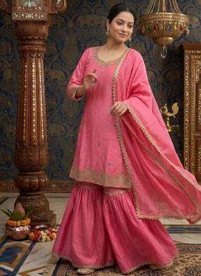 Rose pink embroidery chinnon silk blend  sharara suit set 2