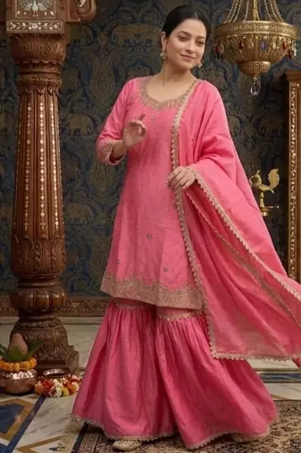 Rose pink embroidery chinnon silk blend  sharara suit set