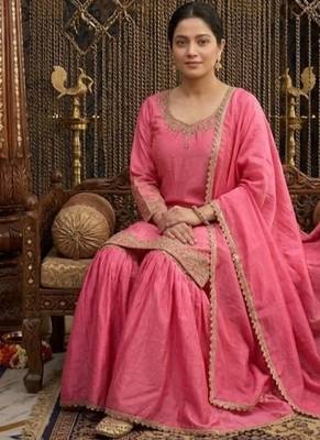Rose pink embroidery chinnon silk blend  sharara suit set 3