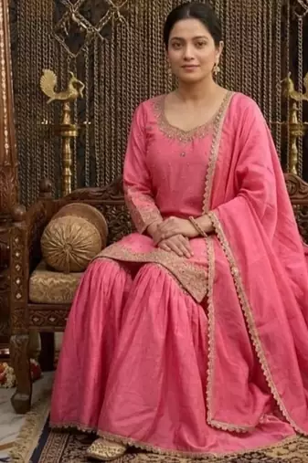 Rose pink embroidery chinnon silk blend  sharara suit set
