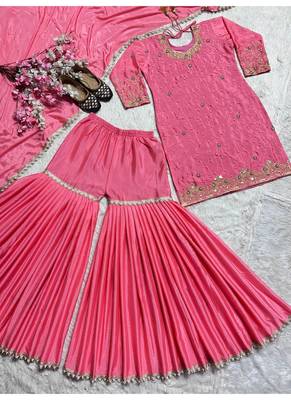 Rose pink embroidery chinnon silk blend  sharara suit set 4