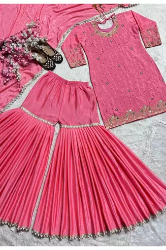 Rose pink embroidery chinnon silk blend  sharara suit set