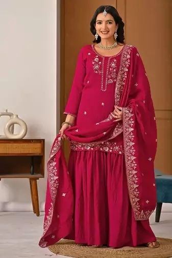 Rani pink embroidery silk blend  sharara suit set