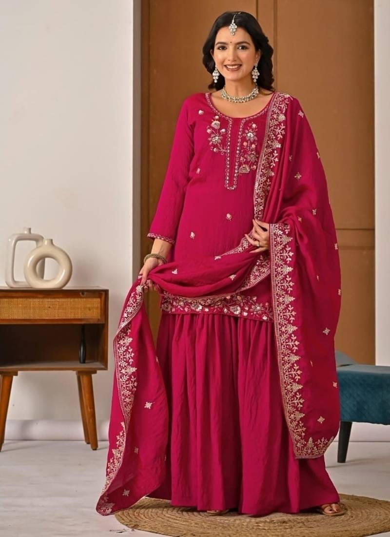Rani pink embroidery silk blend  sharara suit set