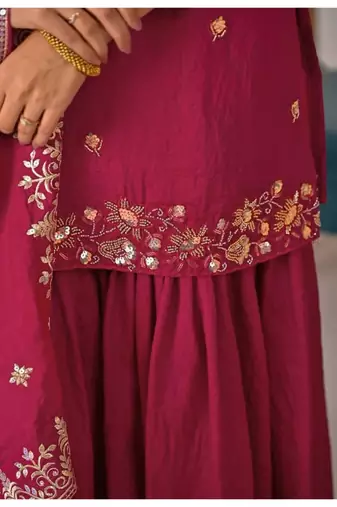 Rani pink embroidery silk blend  sharara suit set