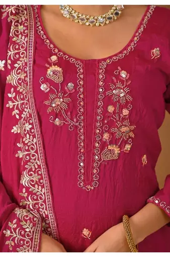 Rani pink embroidery silk blend  sharara suit set