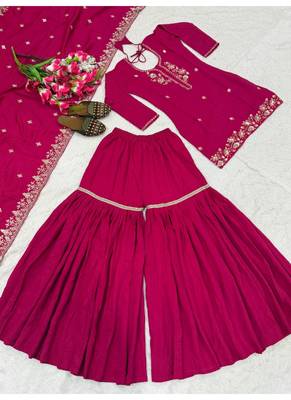 Rani pink embroidery silk blend  sharara suit set 4