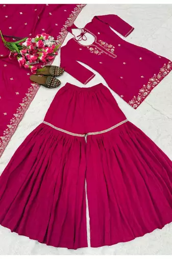 Rani pink embroidery silk blend  sharara suit set