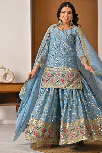 Dusty blue embroidery silk blend  sharara suit set